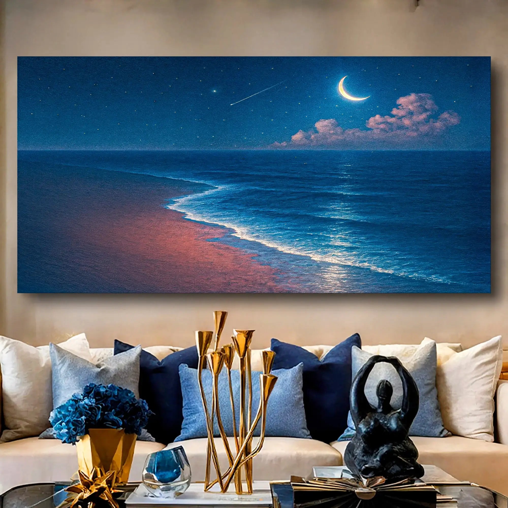 Moonlit ocean beach wall art with crescent moon, stars, and waves for living room decor