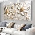 3D floral wall art with cream flowers and leaves, perfect for modern living room decor