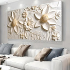 3D floral wall art with cream flowers and leaves, perfect for modern living room decor