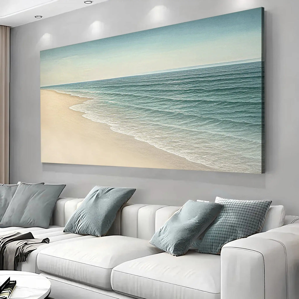 Serene beach canvas art with ocean waves, perfect for modern living room decor
