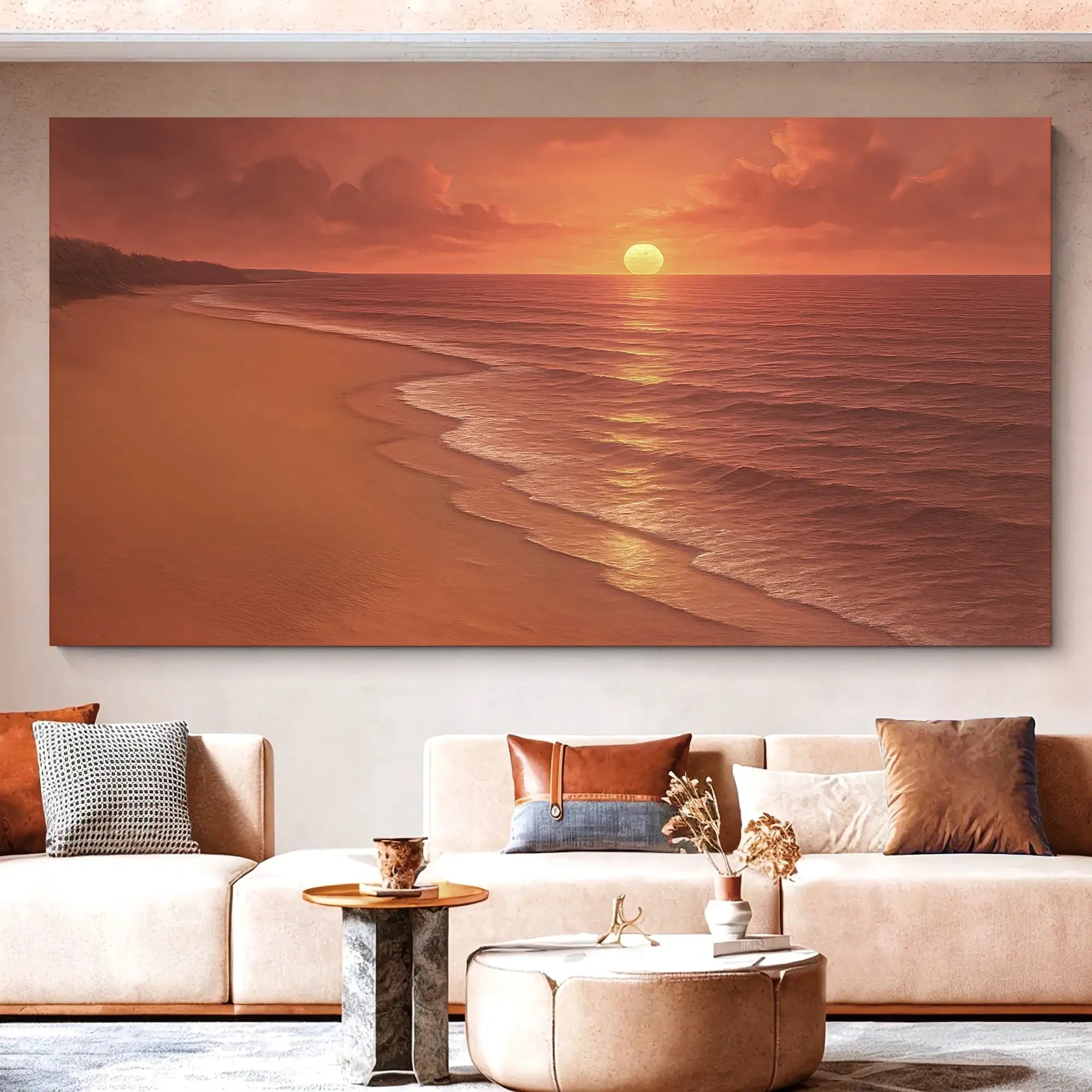 Sunset beach wall art for living room, warm tones, ocean view, modern home decor