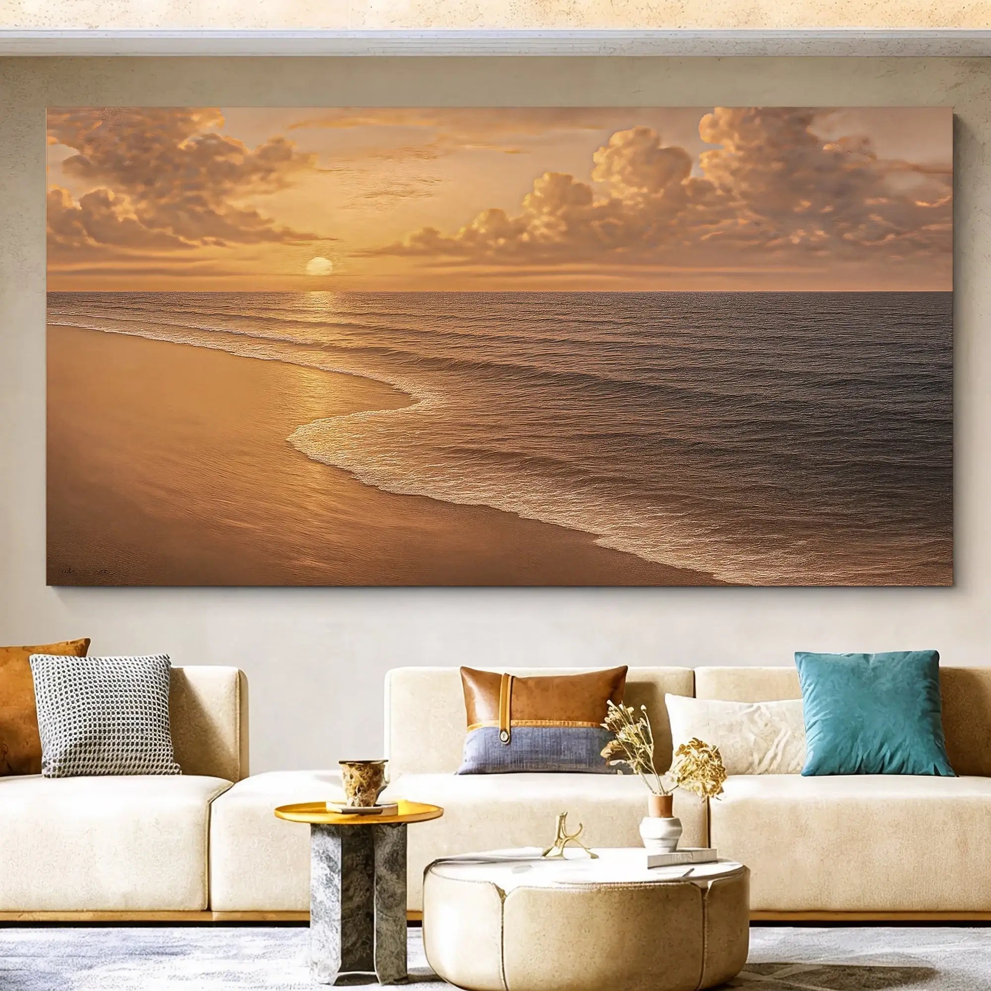 Sunset beach wall art for living room, golden ocean waves and sky, modern home decor