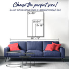 Landscape art sizes for living room: 12x18, 16x24, 24x36 inches, perfect above blue sofa