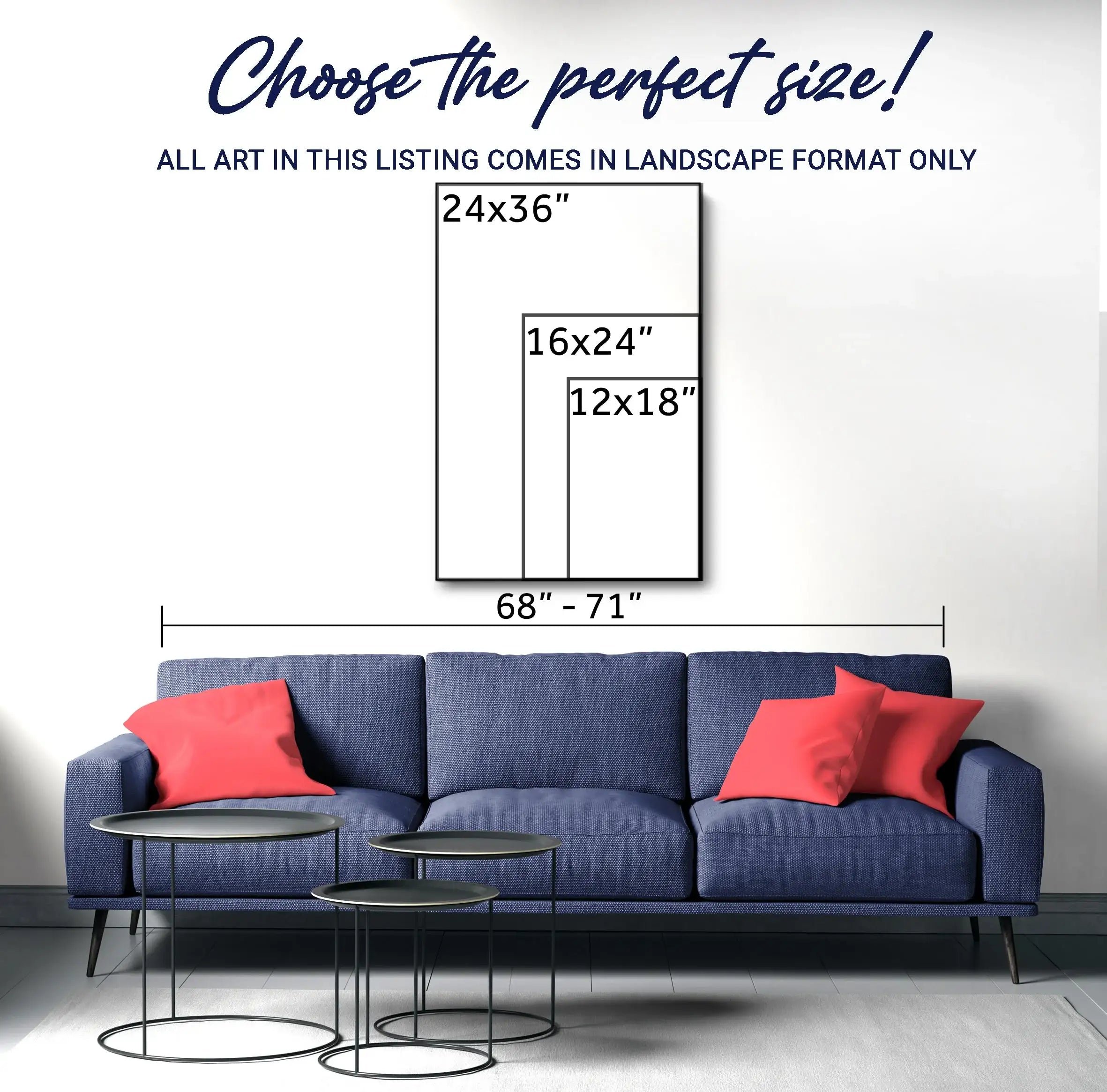 Landscape art sizes for living room: 12x18, 16x24, 24x36 inches, perfect above blue sofa
