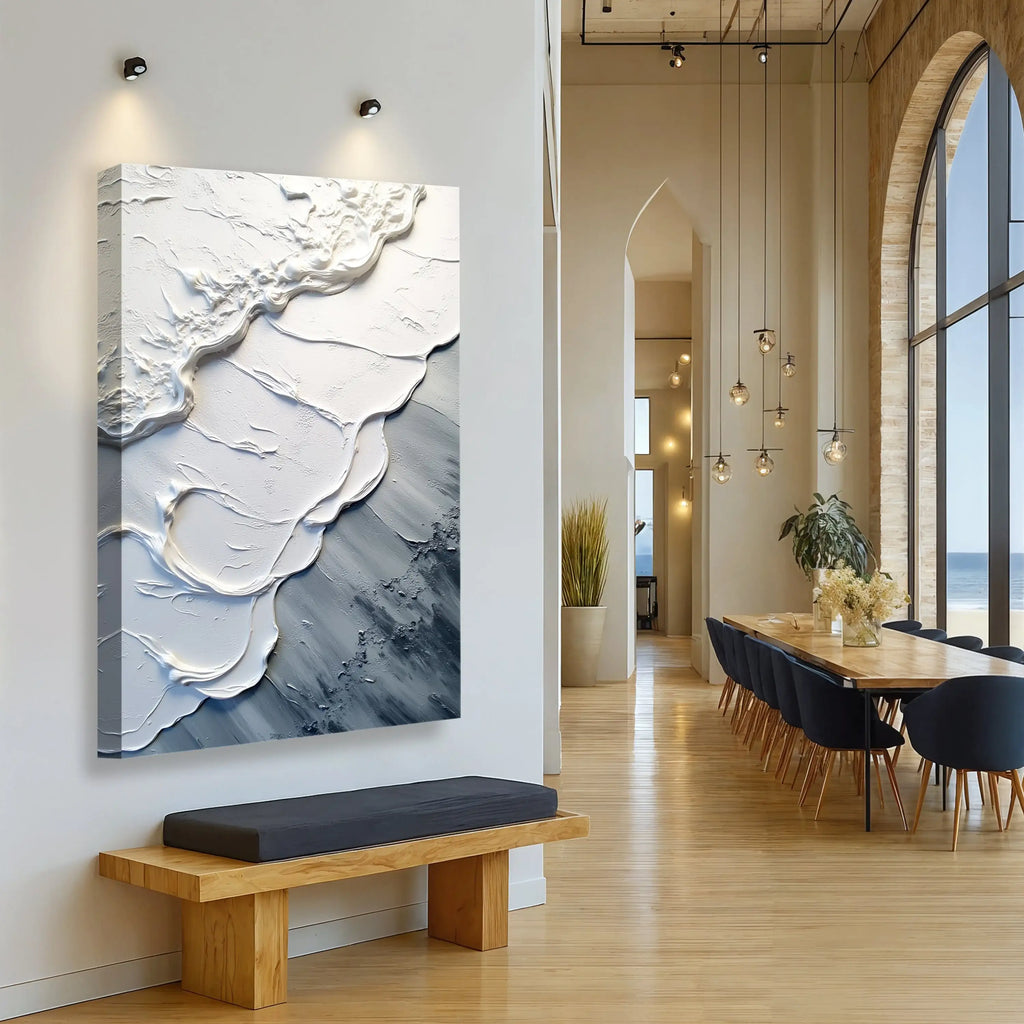 Abstract white and gray textured wall art in modern dining space