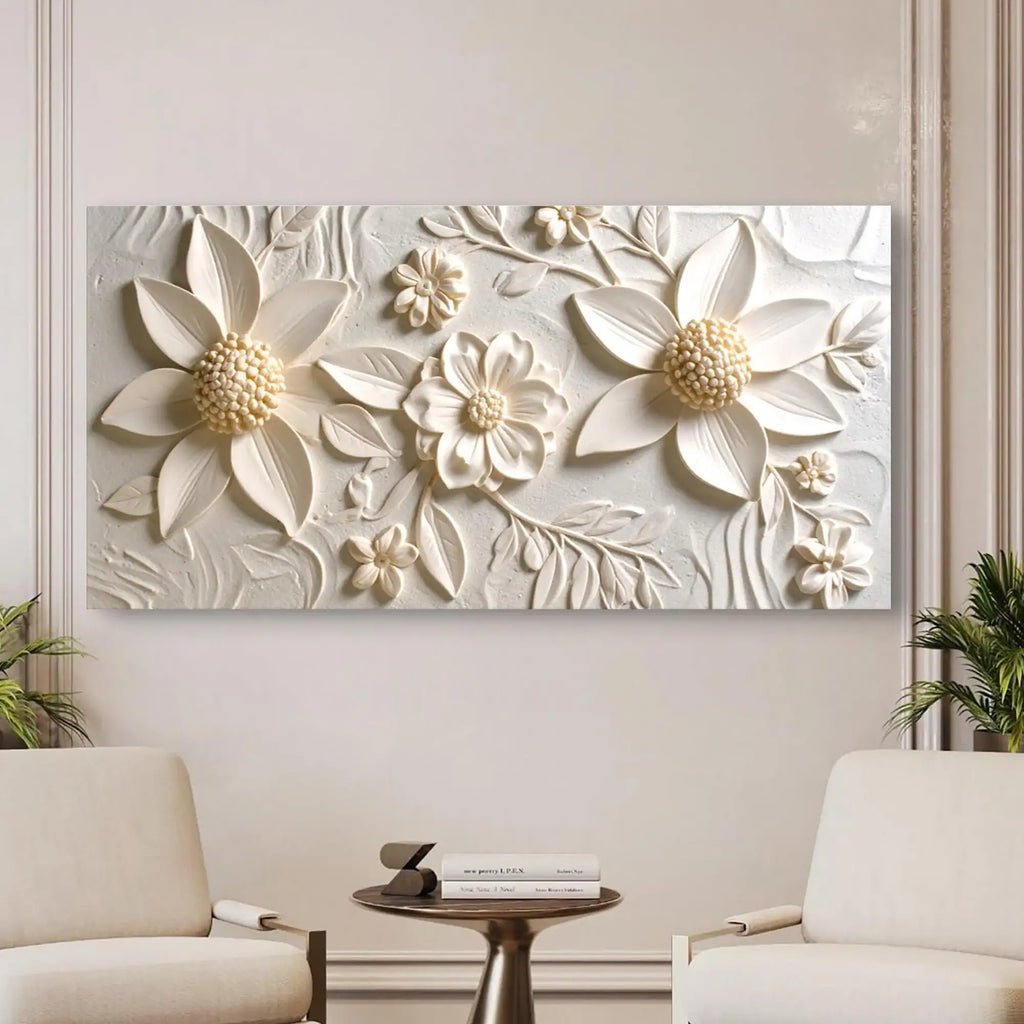 Elegant 3D floral wall art with cream flowers and leaves, perfect for modern living room decor.