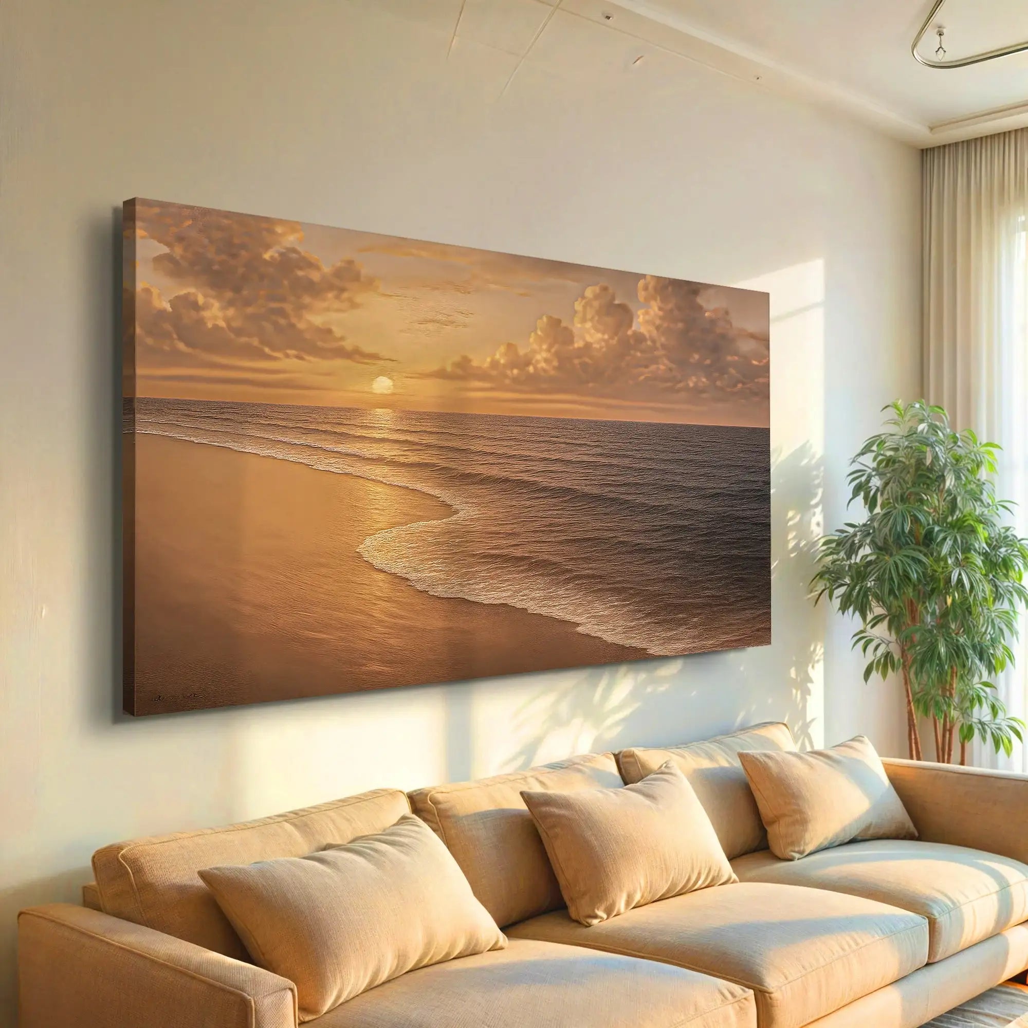 Golden beach sunset canvas art for living room wall decor, coastal landscape painting with warm tones