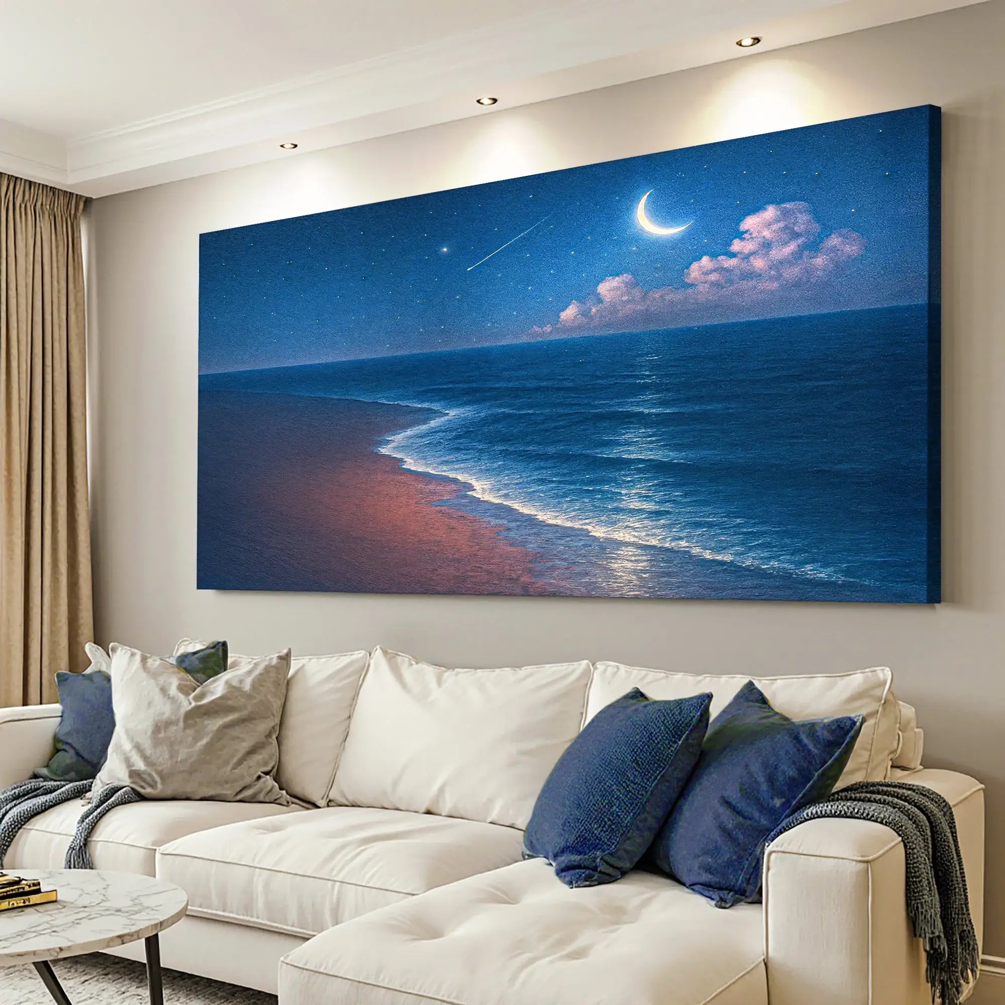 Moonlit ocean seascape wall art with starry sky, perfect for living room decor