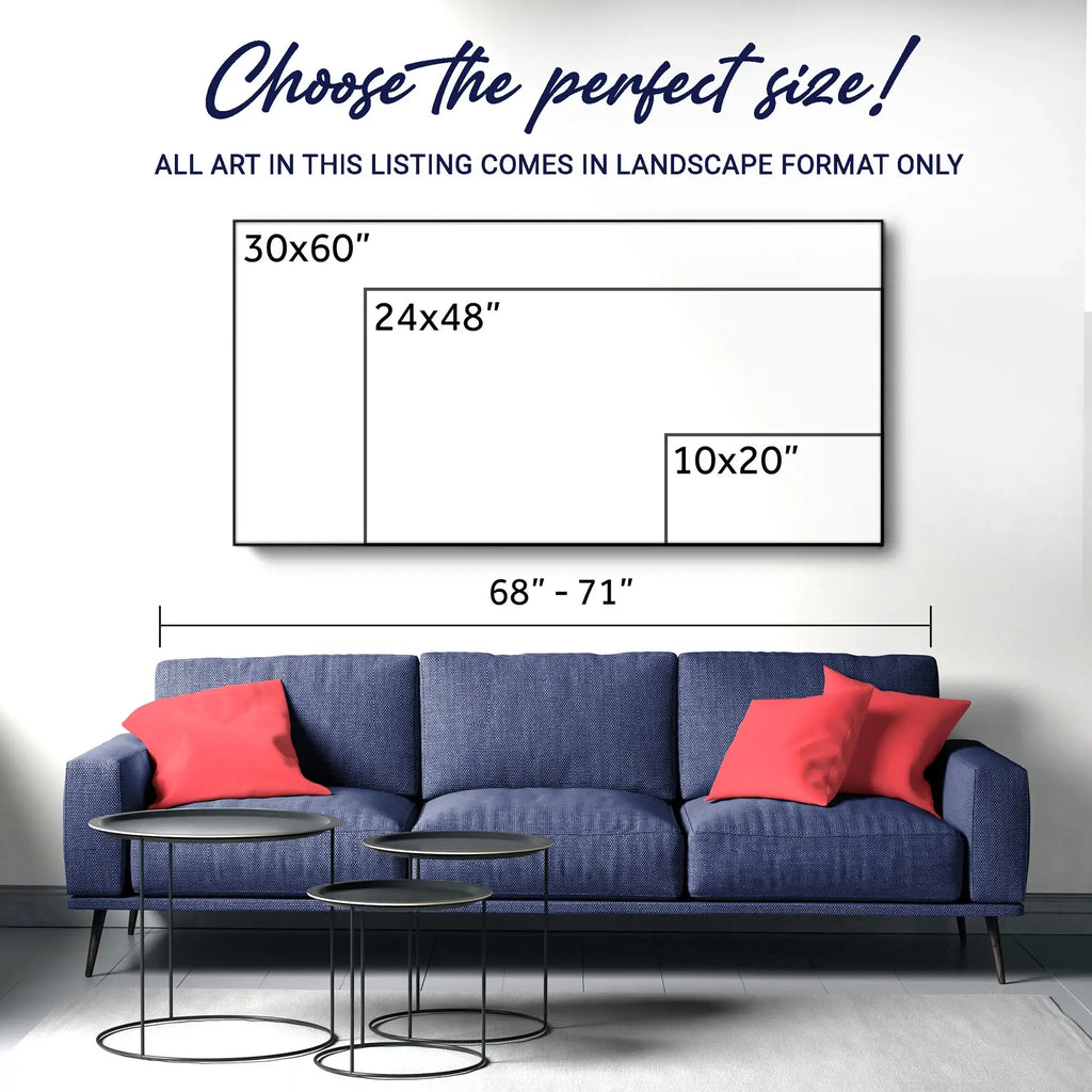 Landscape art sizes for living room: 30x60, 24x48, 10x20 inches, perfect above blue sofa with red pillows