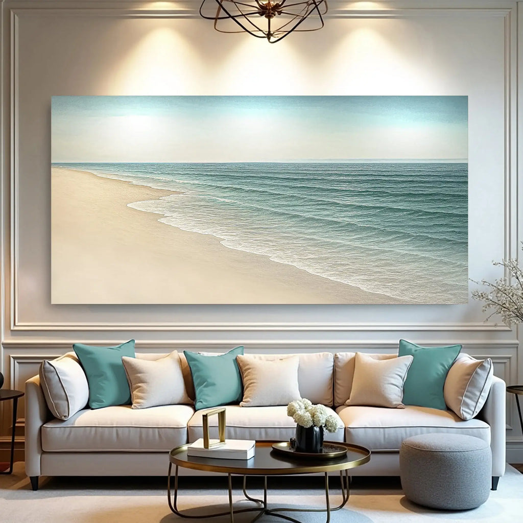 Serene beach wall art with ocean waves, perfect for modern living room decor