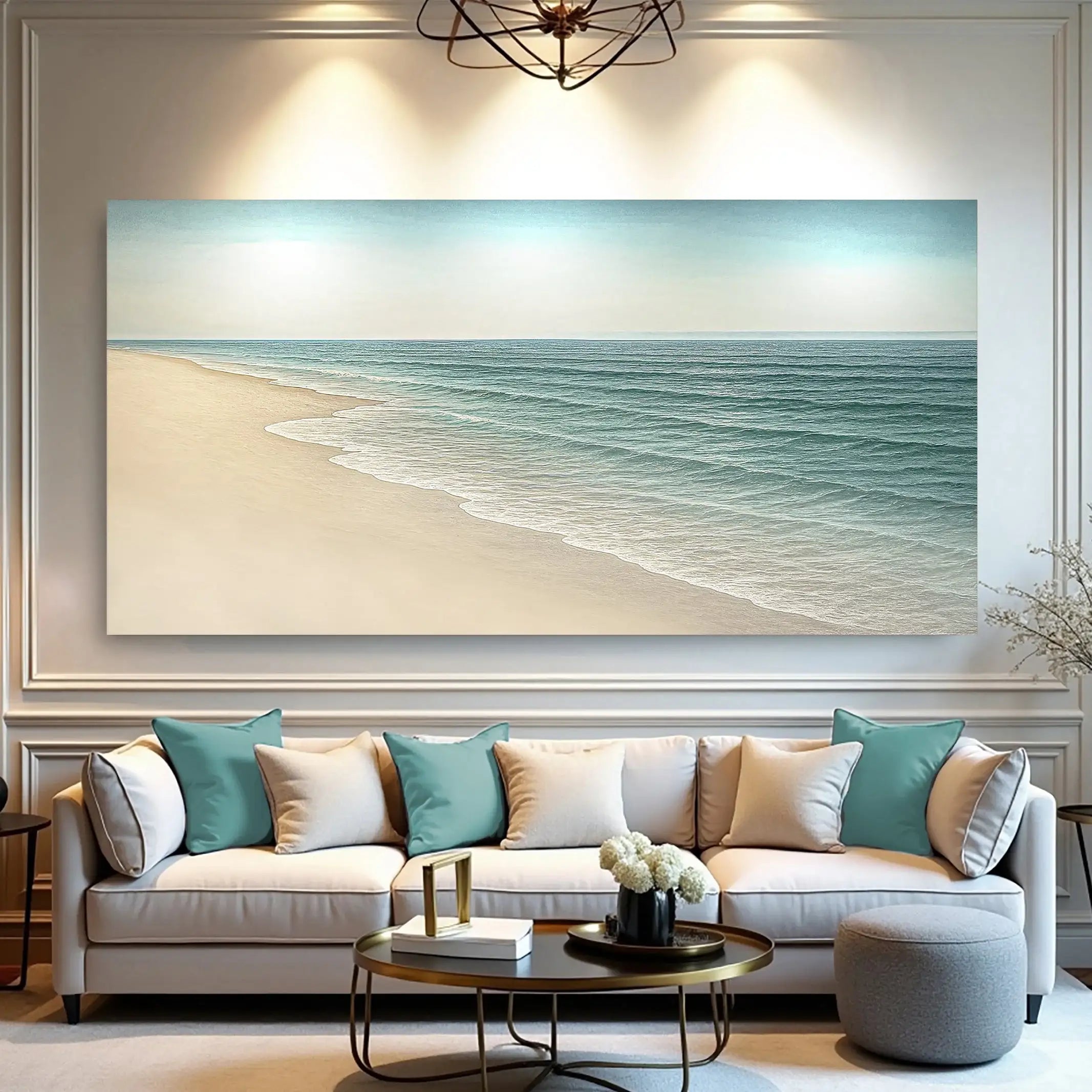 Serene beach wall art with ocean waves, perfect for modern living room decor
