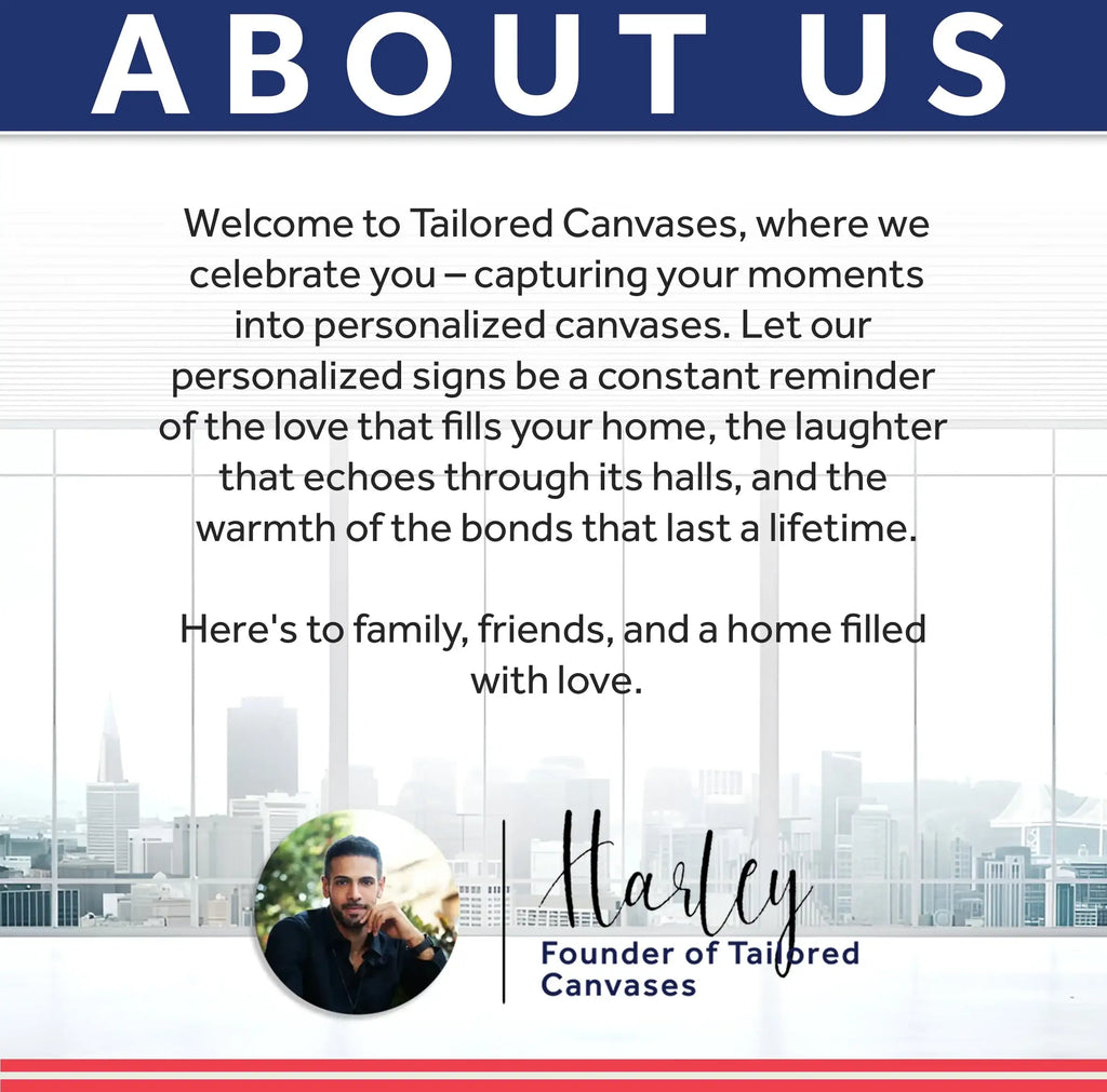 About Us page featuring personalized canvas art and founder Harley with cityscape background