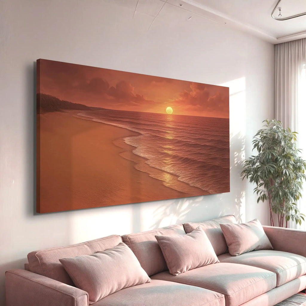 Sunset beach canvas art for living room wall decor with warm ocean waves and golden sky