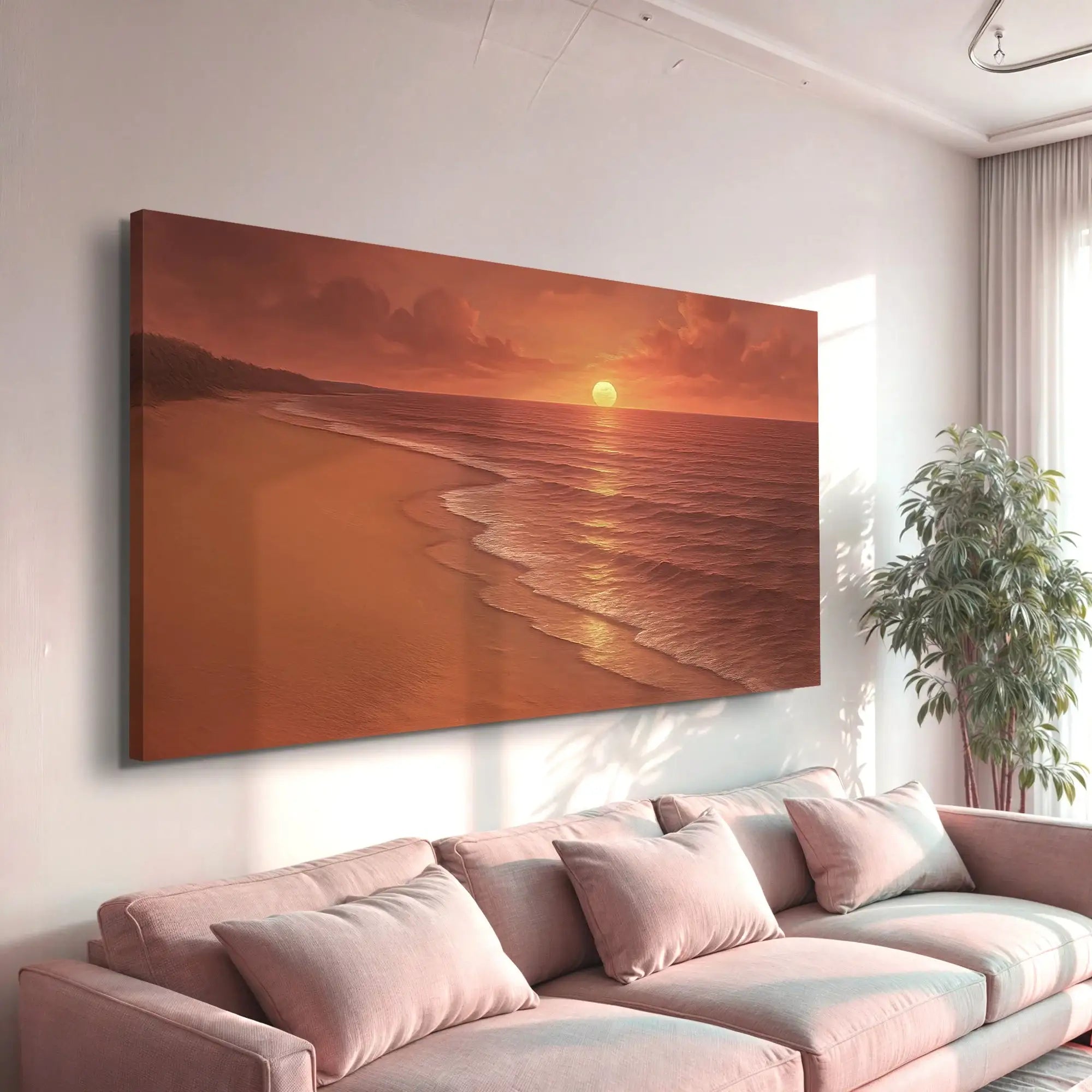 Sunset beach canvas art for living room wall decor with warm ocean waves and golden sky