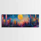 Neon Moon Fantasy Canvas Print - Vibrant Sci-Fi Cityscape Painting