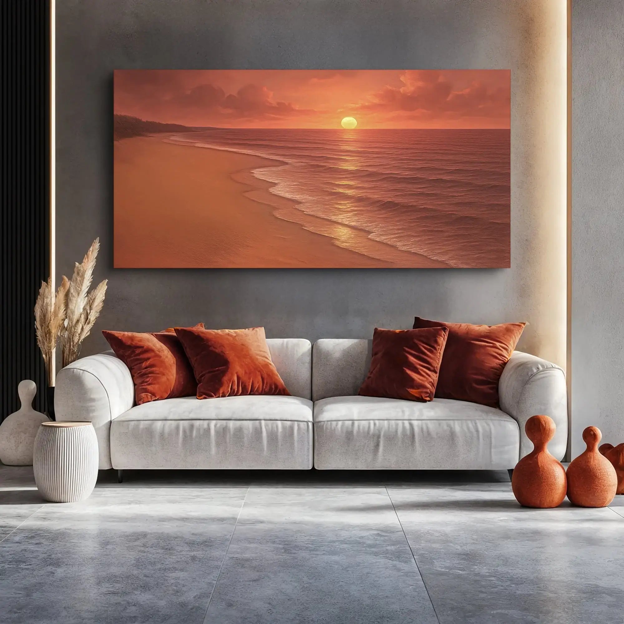Sunset beach wall art above modern sofa, warm orange tones for living room decor
