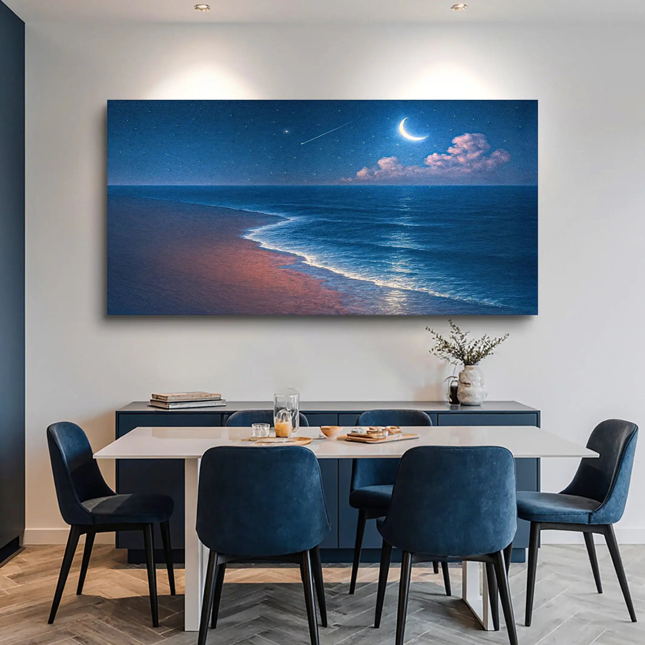 Moonlit beach seascape wall art with starry night sky for modern dining room decor
