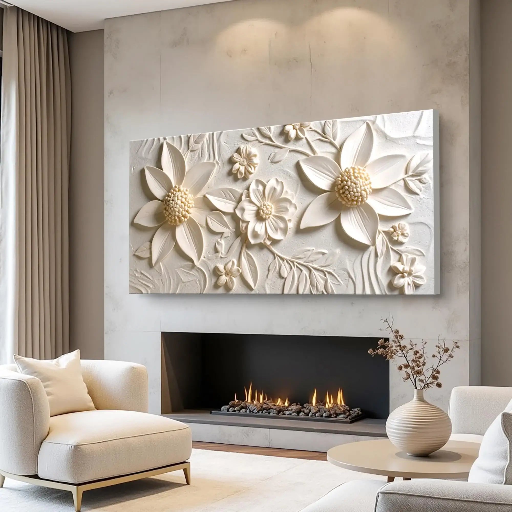Elegant 3D floral wall art above modern fireplace in cozy living room