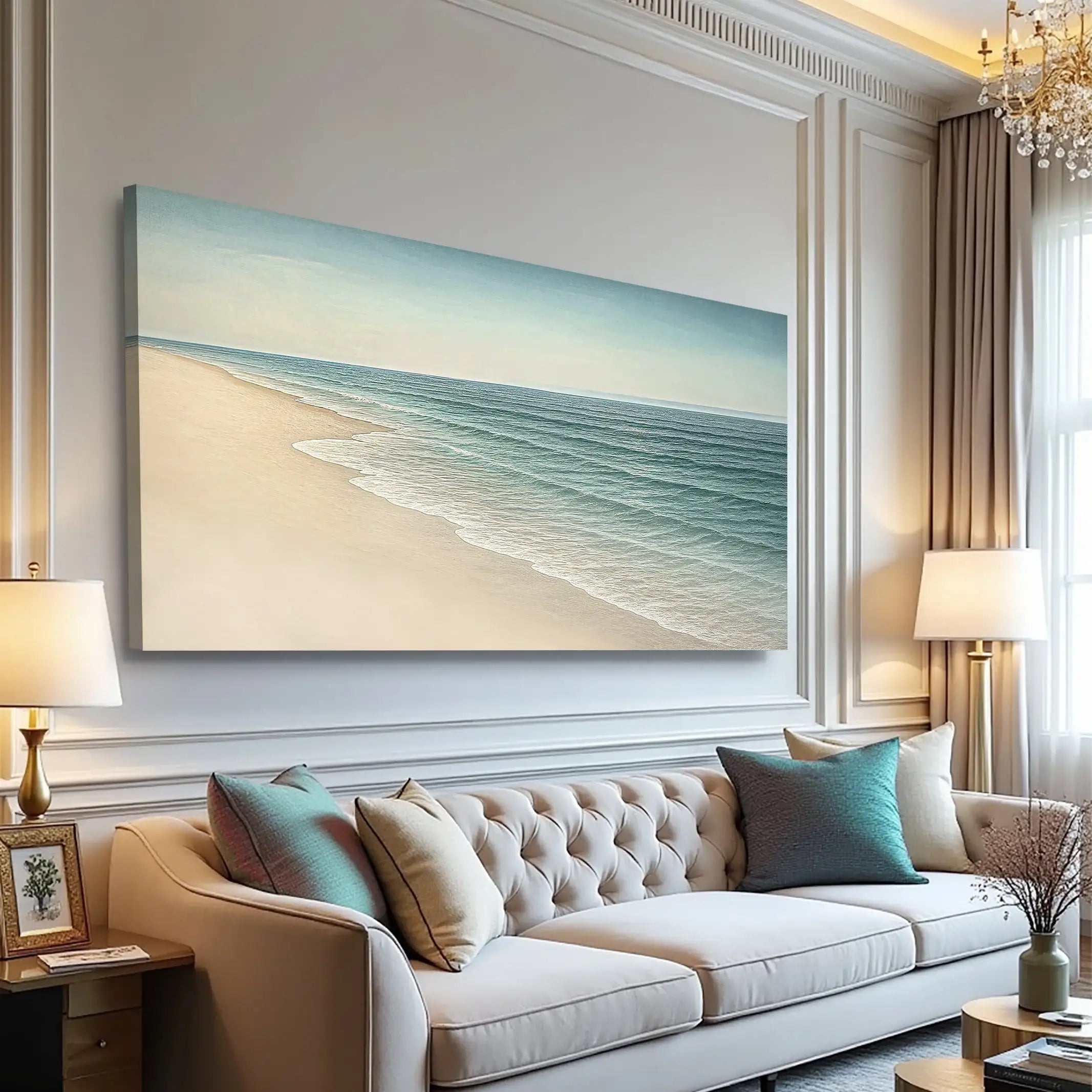 Serene beach canvas art for living room wall decor, featuring ocean waves and sandy shore