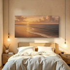 Sunset beach wall art above bed, coastal ocean scene for living space decor