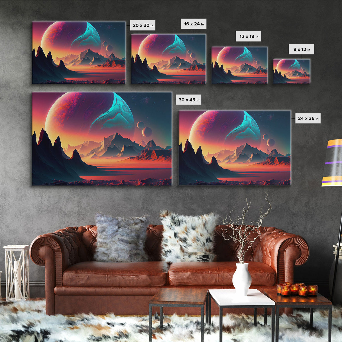 Three-Moon Fantasy World - Retro Style Sci-Fi Art - Alien Landscape with Multiple Moons