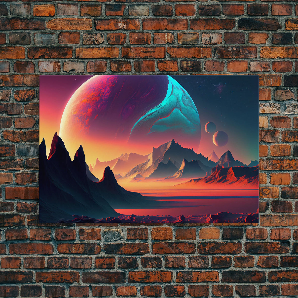 Three-Moon Fantasy World - Retro Style Sci-Fi Art - Alien Landscape with Multiple Moons