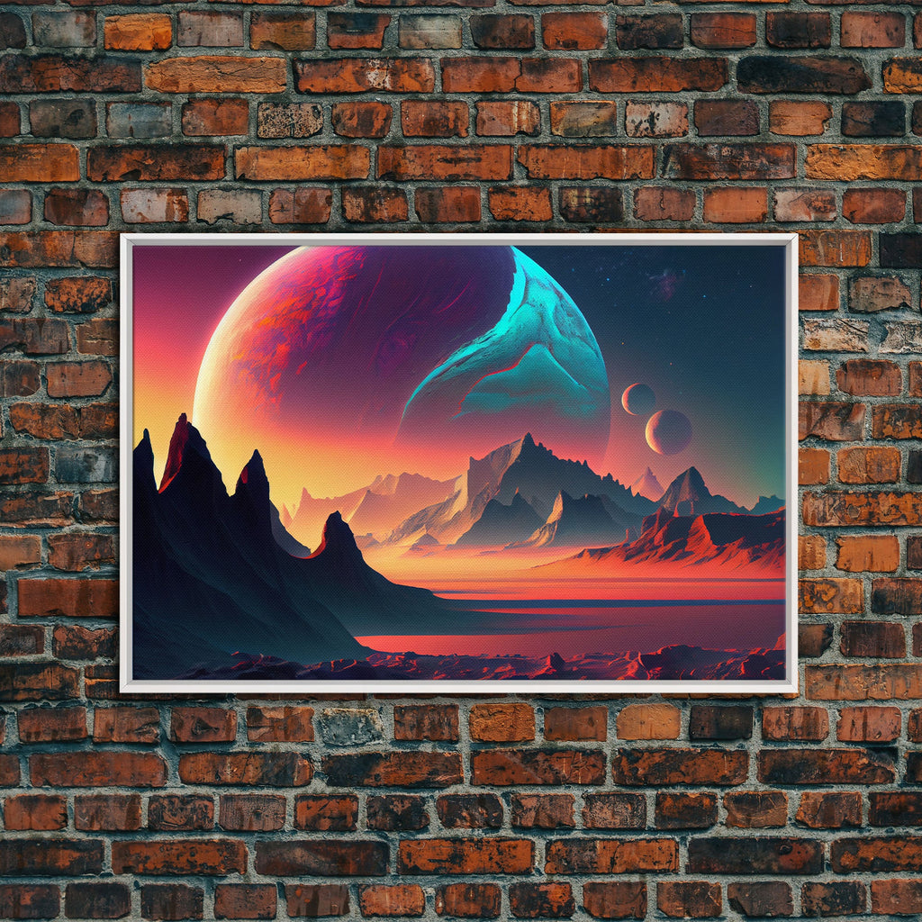 Three-Moon Fantasy World - Retro Style Sci-Fi Art - Alien Landscape with Multiple Moons