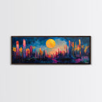 Neon Moon Fantasy Canvas Print - Vibrant Sci-Fi Cityscape Painting