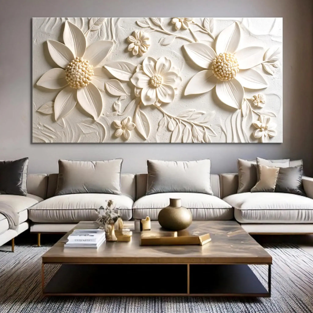 3D floral wall art with textured white flowers and leaves, modern living room decor