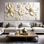 3D floral wall art with textured white flowers and leaves, modern living room decor