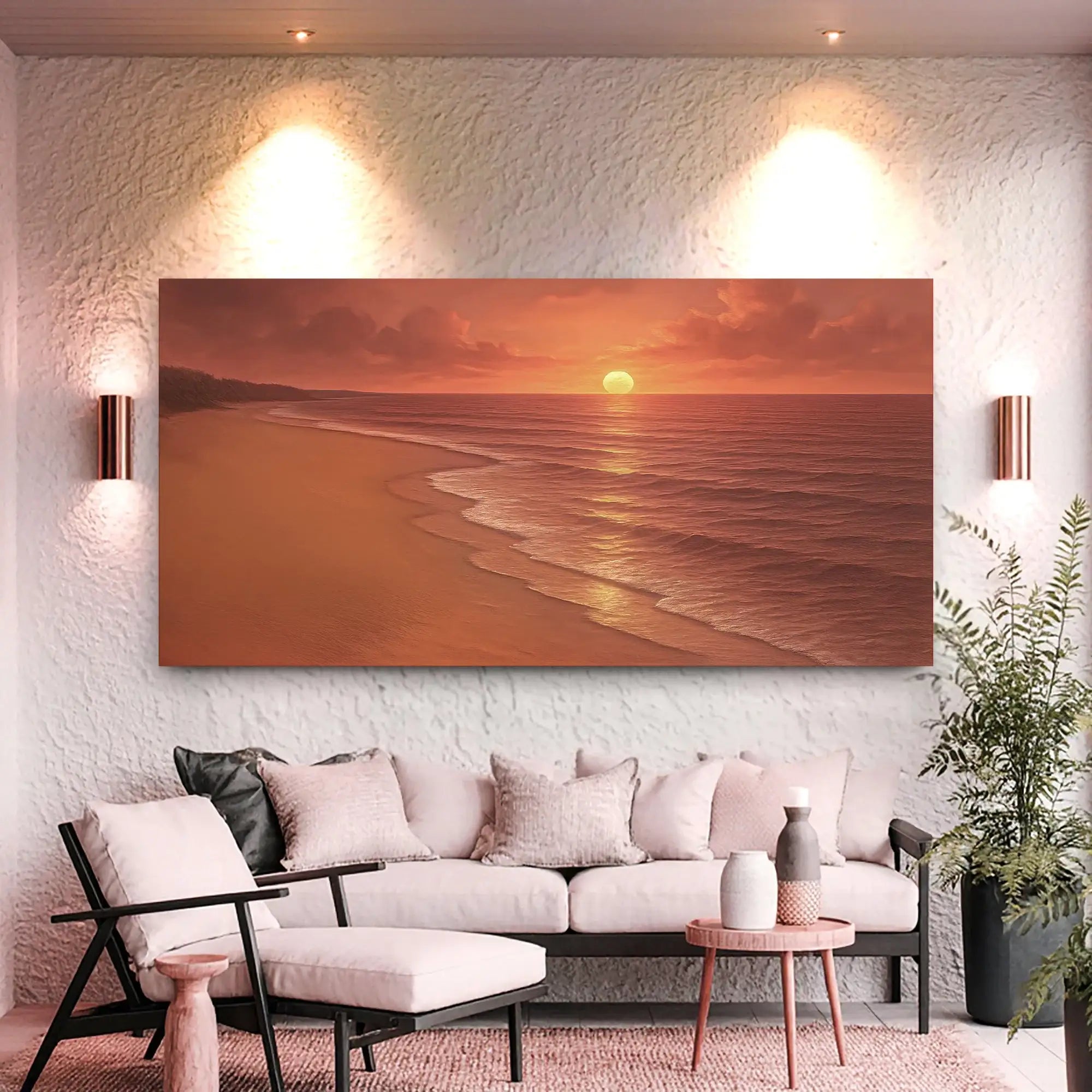 Sunset beach wall art for living room, warm tones, ocean waves, modern home decor