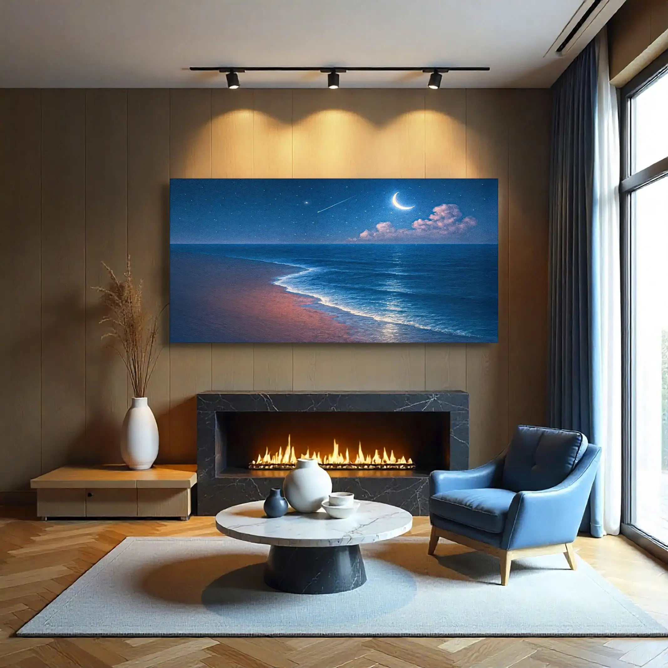 Moonlit beach seascape wall art for modern living room decor with fireplace and blue armchair
