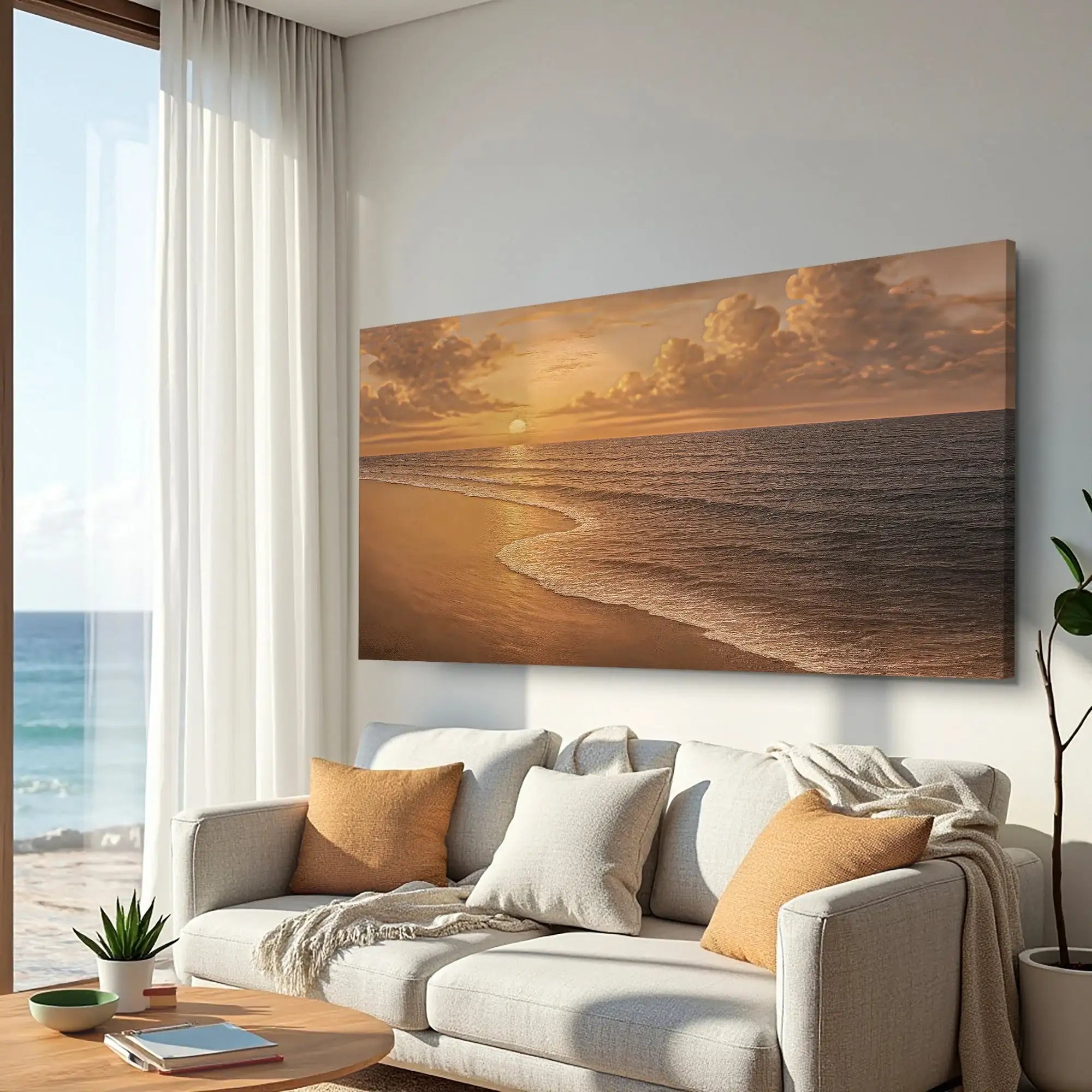 Sunset beach canvas art for living room wall decor with ocean view and warm tones