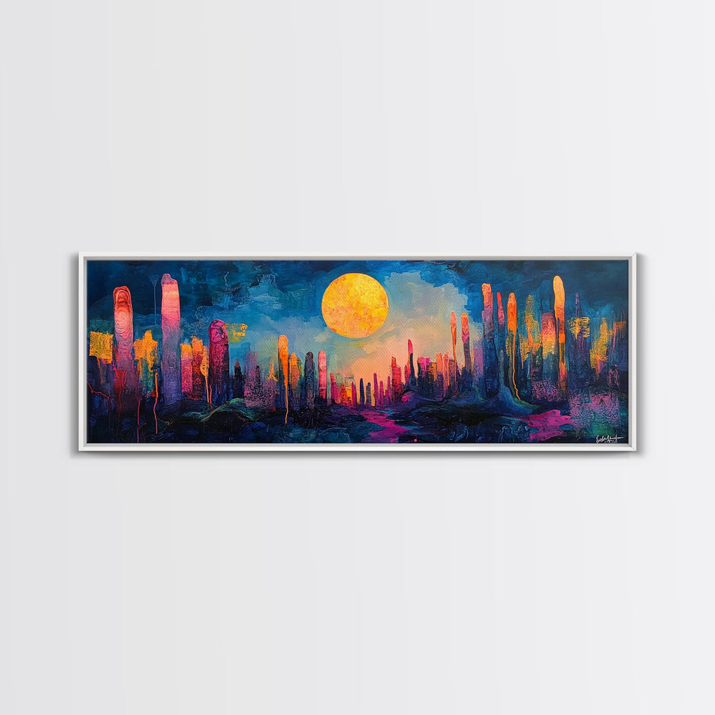 Neon Moon Fantasy Canvas Print - Vibrant Sci-Fi Cityscape Painting
