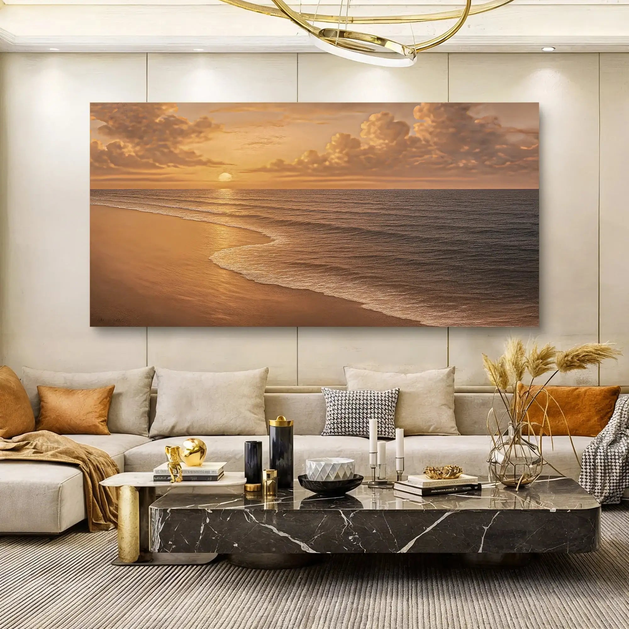 Sunset beach wall art for modern living room decor with ocean waves and golden sky
