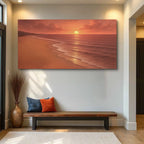 Sunset beach wall art with ocean waves, sand, and warm tones for living room decor
