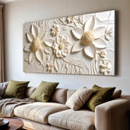 3D floral wall art with raised white flowers and leaves, modern living room decor