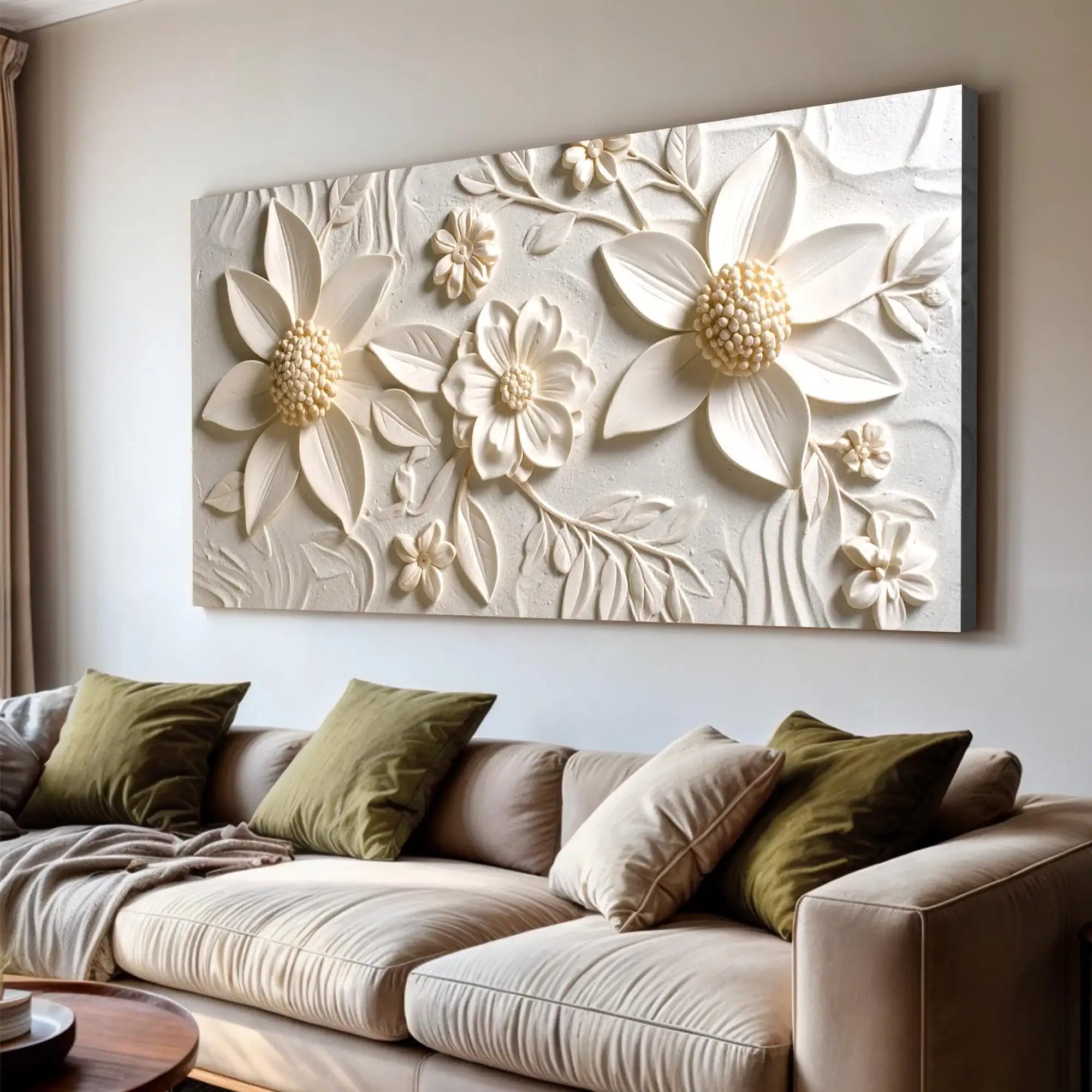 3D floral wall art with raised white flowers and leaves, modern living room decor