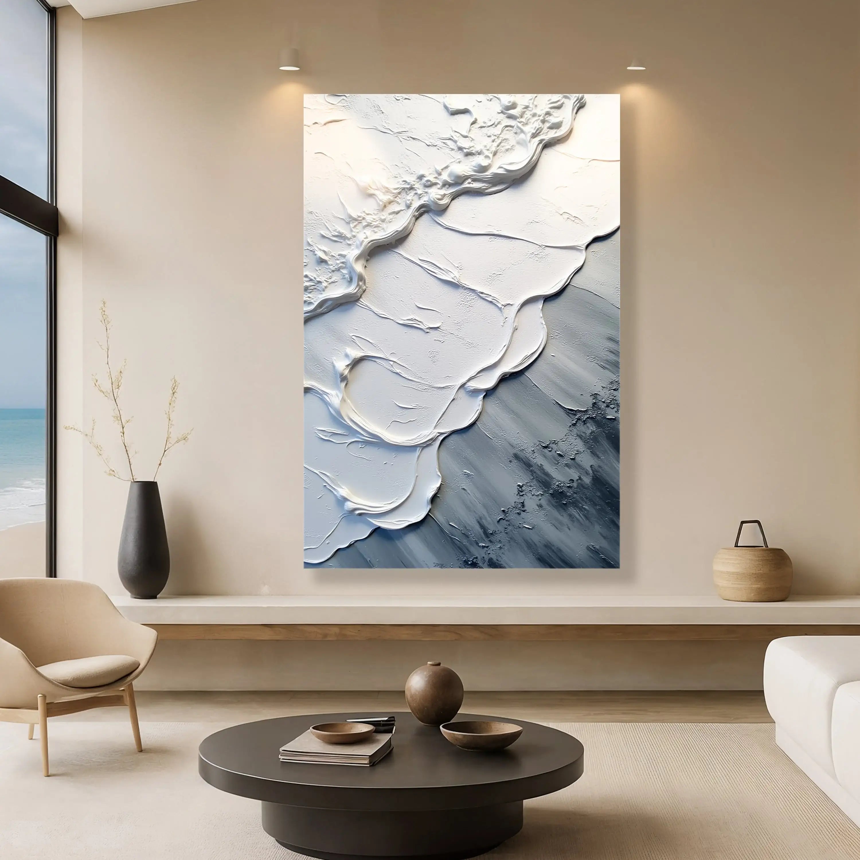 Abstract white and blue textured wall art for modern living room decor