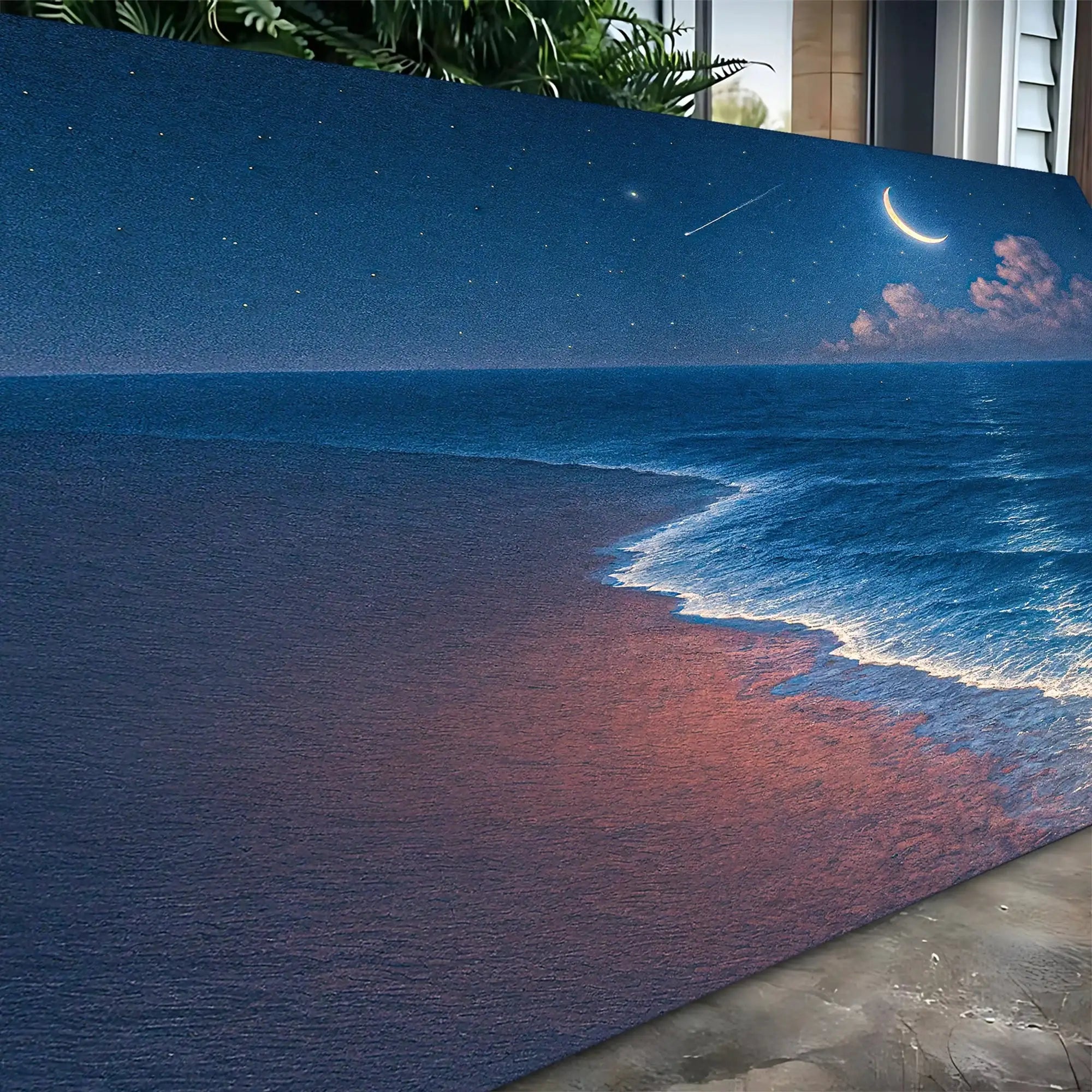 Moonlit ocean beach art with stars, crescent moon, and waves — perfect for living room wall decor.