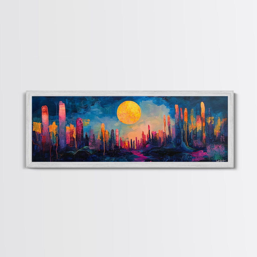 Neon Moon Fantasy Canvas Print - Vibrant Sci-Fi Cityscape Painting