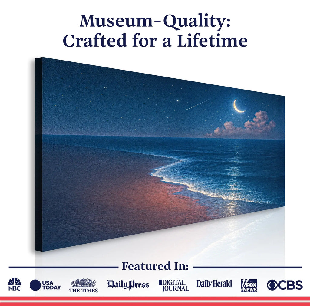 Moonlit ocean canvas art with stars, crescent moon, and beach waves — museum-quality wall decor