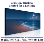 Moonlit ocean canvas art with stars, crescent moon, and beach waves — museum-quality wall decor