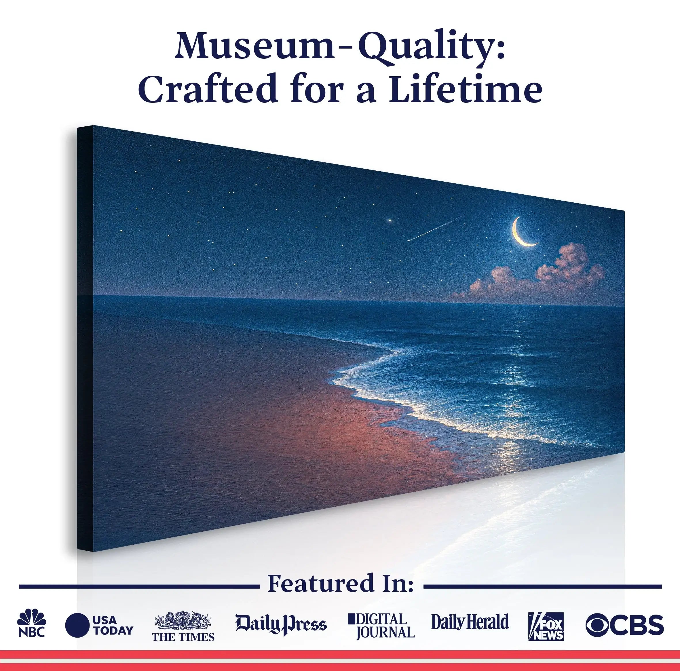 Moonlit ocean canvas art with stars, crescent moon, and beach waves — museum-quality wall decor
