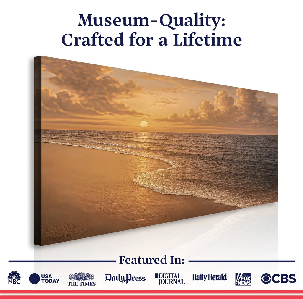 Sunset beach canvas art with golden waves and clouds, museum-quality wall decor for living spaces