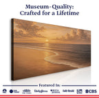 Sunset beach canvas art with golden waves and clouds, museum-quality wall decor for living spaces