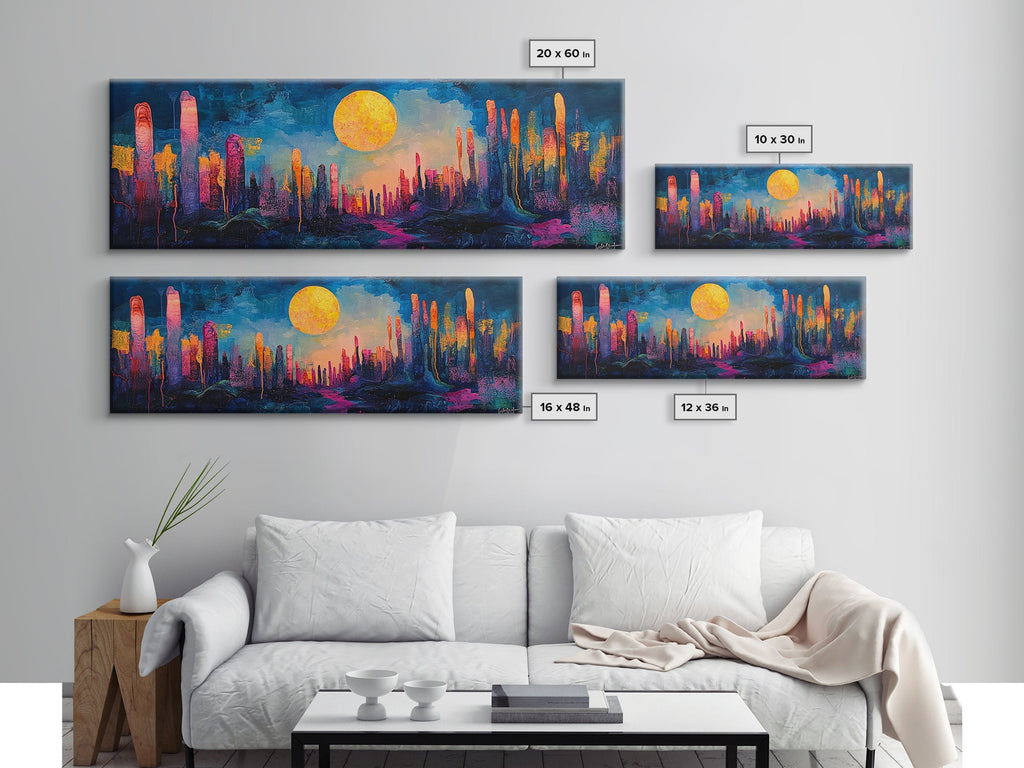 Neon Moon Fantasy Canvas Print - Vibrant Sci-Fi Cityscape Painting