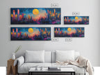 Neon Moon Fantasy Canvas Print - Vibrant Sci-Fi Cityscape Painting