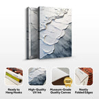 Abstract white and gray textured canvas art with ready-to-hang hooks, museum-grade quality and neatly folded edges