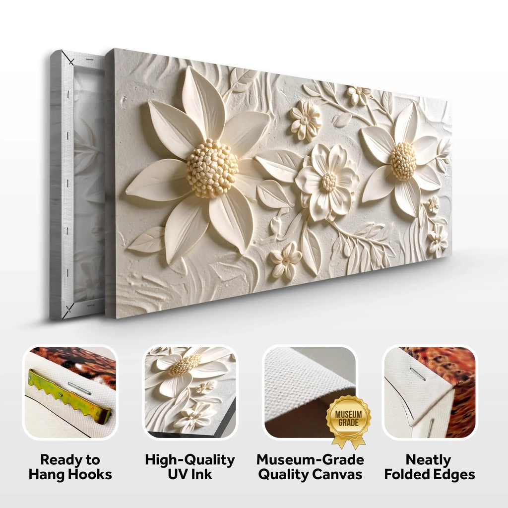 3D floral canvas art with textured white flowers, museum-grade quality, ready to hang